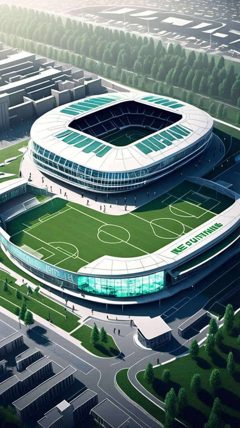 a football club campus. On the image there are a stadium, offices, a pub and a training center. Futuristic. Neo ambiance.