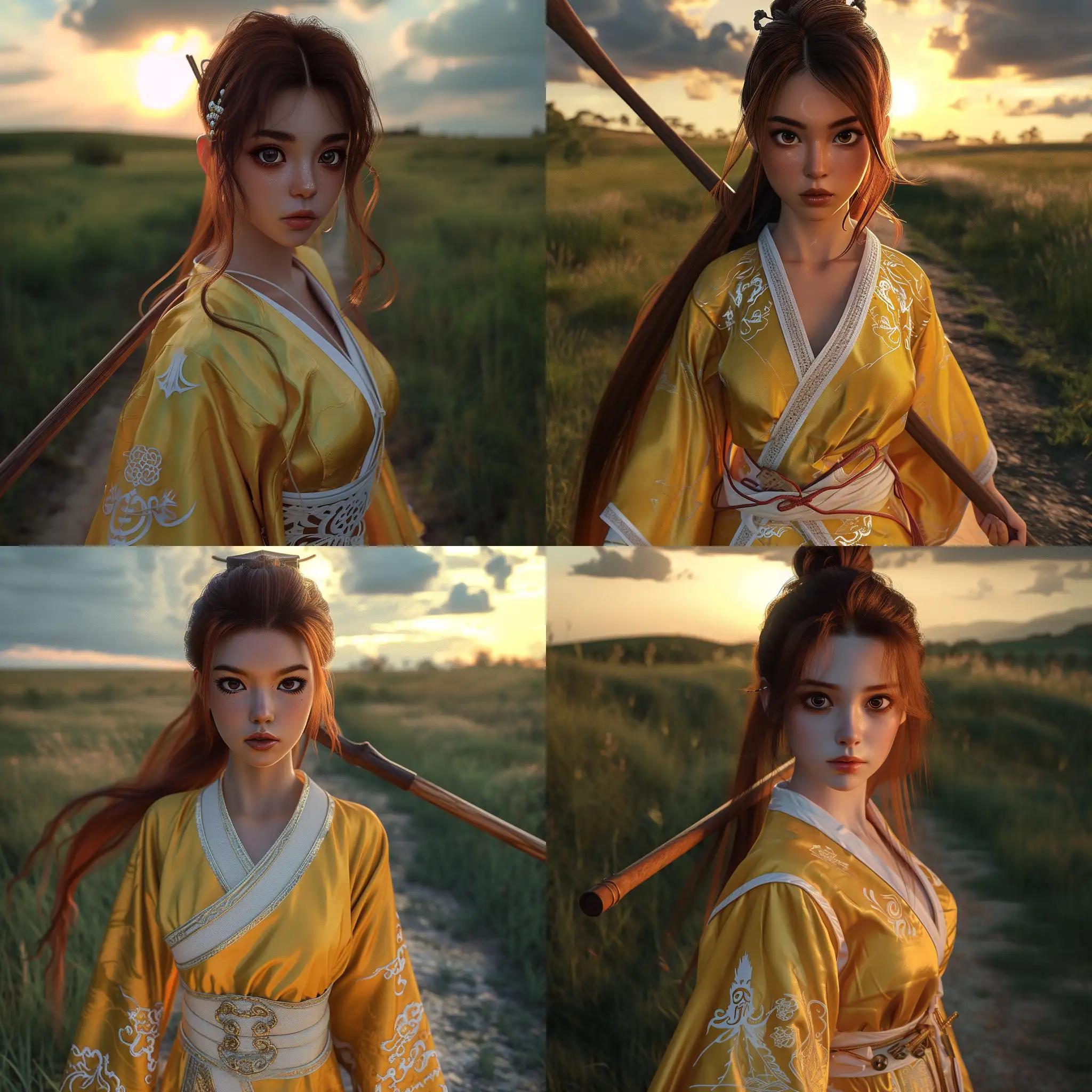 Gorgeous-AuburnHaired-Asian-Woman-in-Yellow-Warrior-Robe-with-Staff-under-Noon-Sky