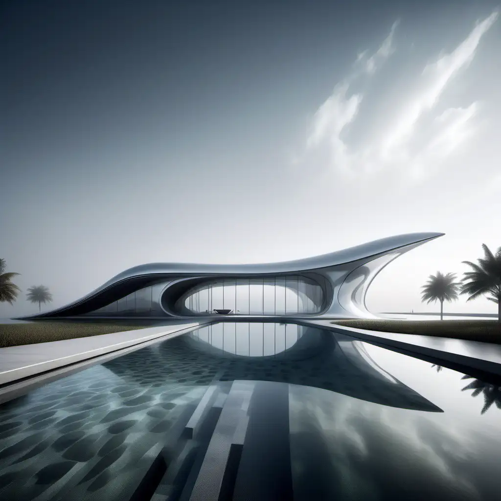 Zaha hadid  one story asymmetric interconnected buildings in reflective silver aluminium 
Different sizes and heights
Entrance for yots and swimming pools that connect to the see
Fog rectangular island 