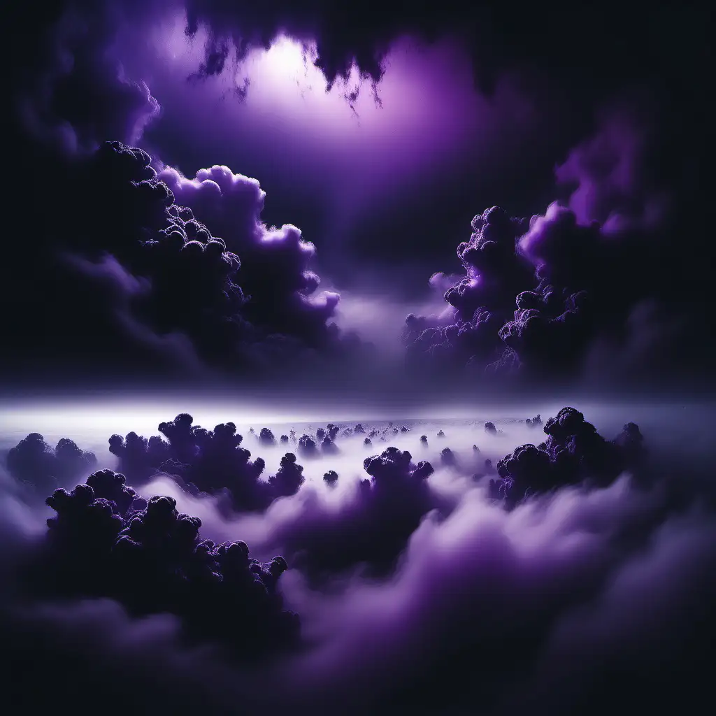An ethereal background with dark purple clouds and a black mist