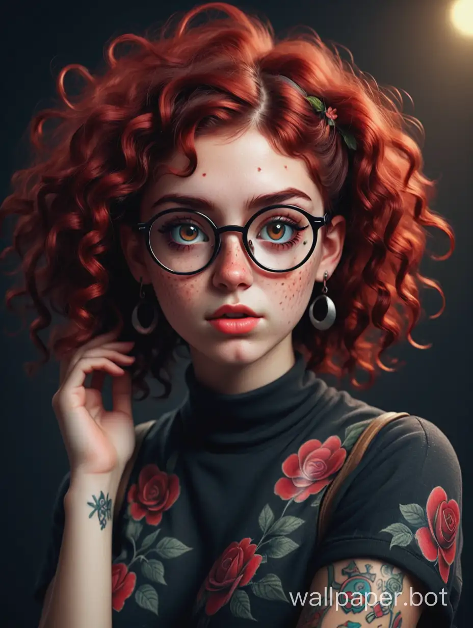 Create an image that meets the following requirements: - The image of a young woman with an expressive and thoughtful face, a nerdy look, wearing round glasses - The face has some freckles, the hair is red, curly and extremely voluminous, large eyes, lips voluminous and flower tattoos on the arm Wears an earring and a dark outfit - An image must have a mysterious look and an incredible masterpiece quality - It must be in high resolution (8k) with super details and a lot of attention to small details - A Image must feature macro detail and include volumetric light - Image must be absolutely flawless, with super-detailed texture and realistic reflections on surfaces - Cinematic effects must be applied to the image for added effect - Object proportions must match the aspect ratio of the screen, while the object must be located in the center - The image must occupy the entire screen and be in UHD (ultra high resolution format definition). Olga Ester style. By Monique Moro.