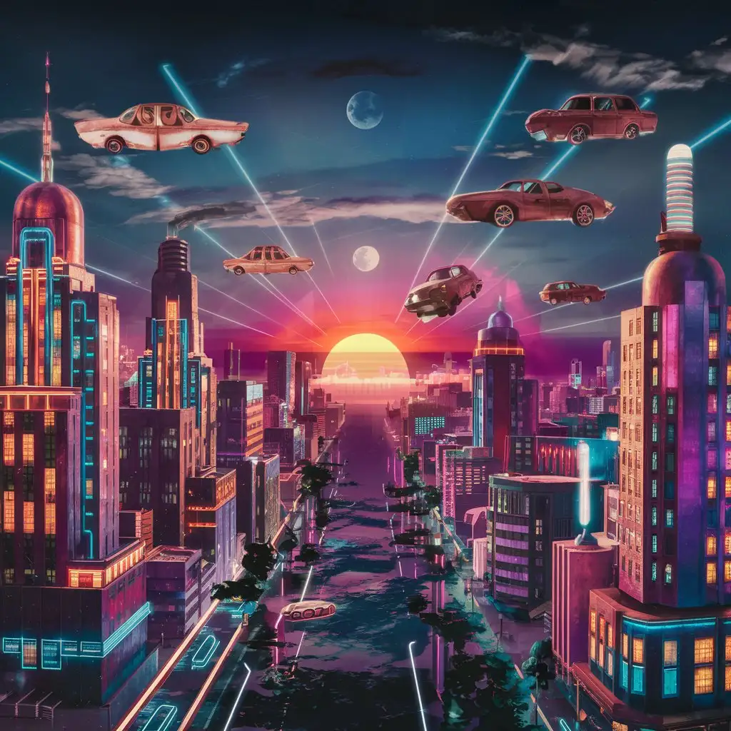 Retro-futuristic skyline at sunset, with flying cars and neon lights.