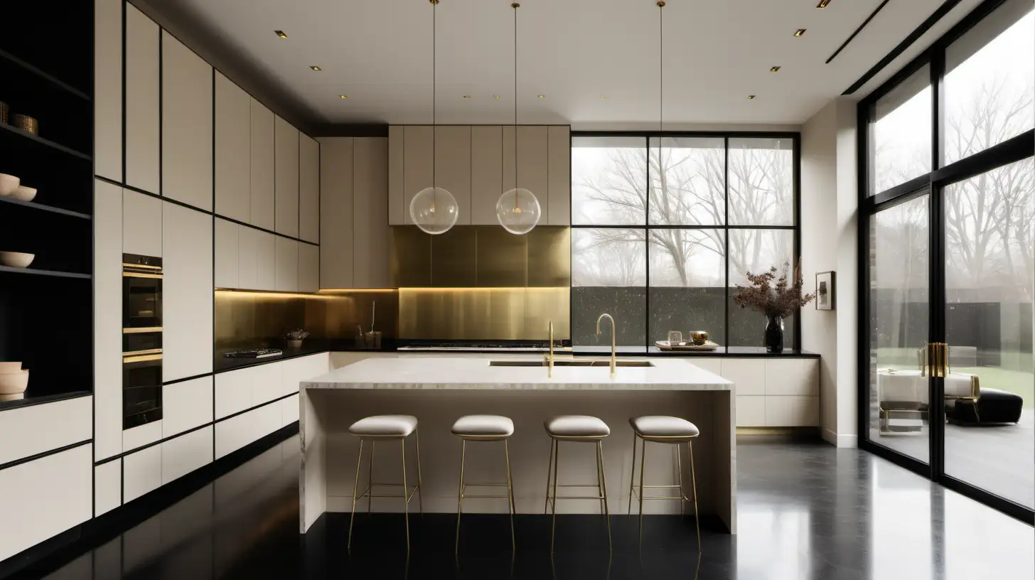Elegant Grand Minimalist Classical Kitchen with Beige Render and FloortoCeiling Windows