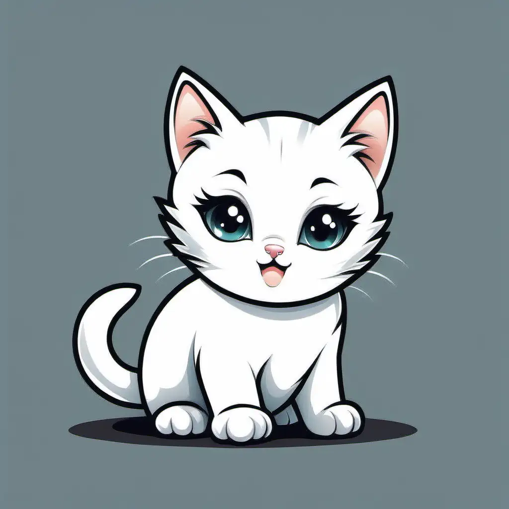Cute White Cartoon Kitten Outlined in Black
