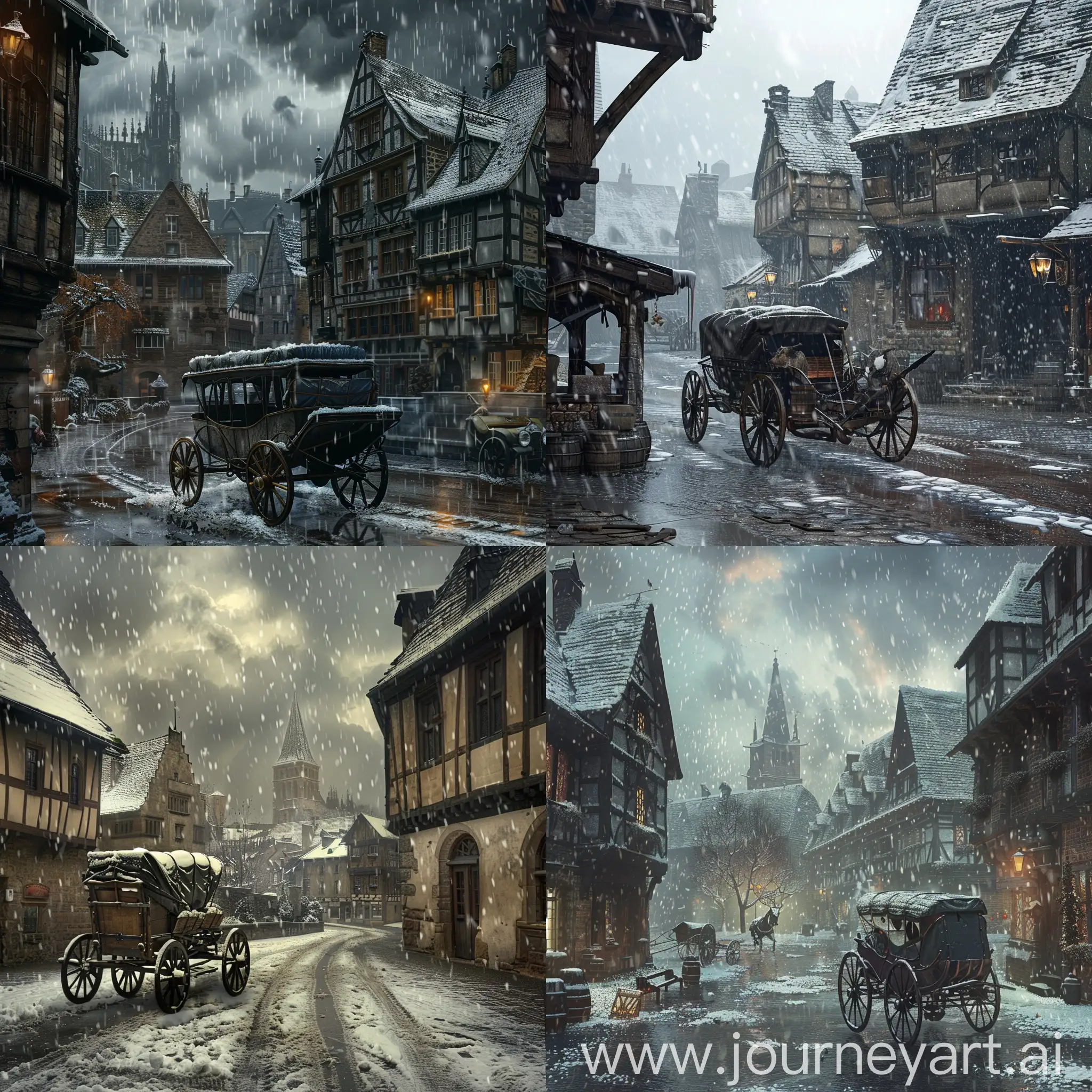 Medieval European background, carriage, snow, town, rain, sadness.