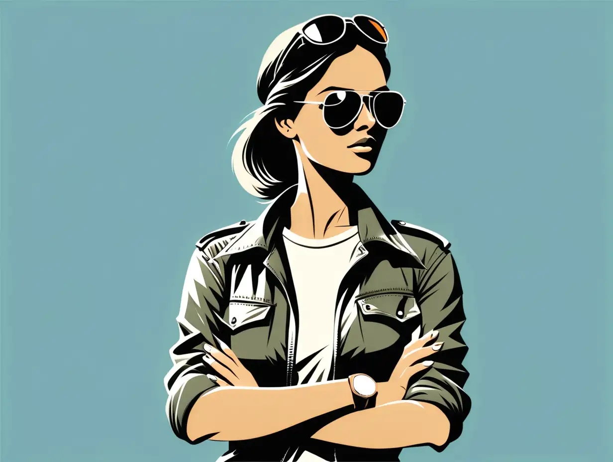 Simple vector image of a confident female tourist, illustrate a cool-looking tourist woman - The man should be wearing aviator shades, Pose: Standing with arms crossed - Focus on clean lines and minimalistic details, ensure the image has a modern and stylish vibe, use a limited color palette for a sleek look