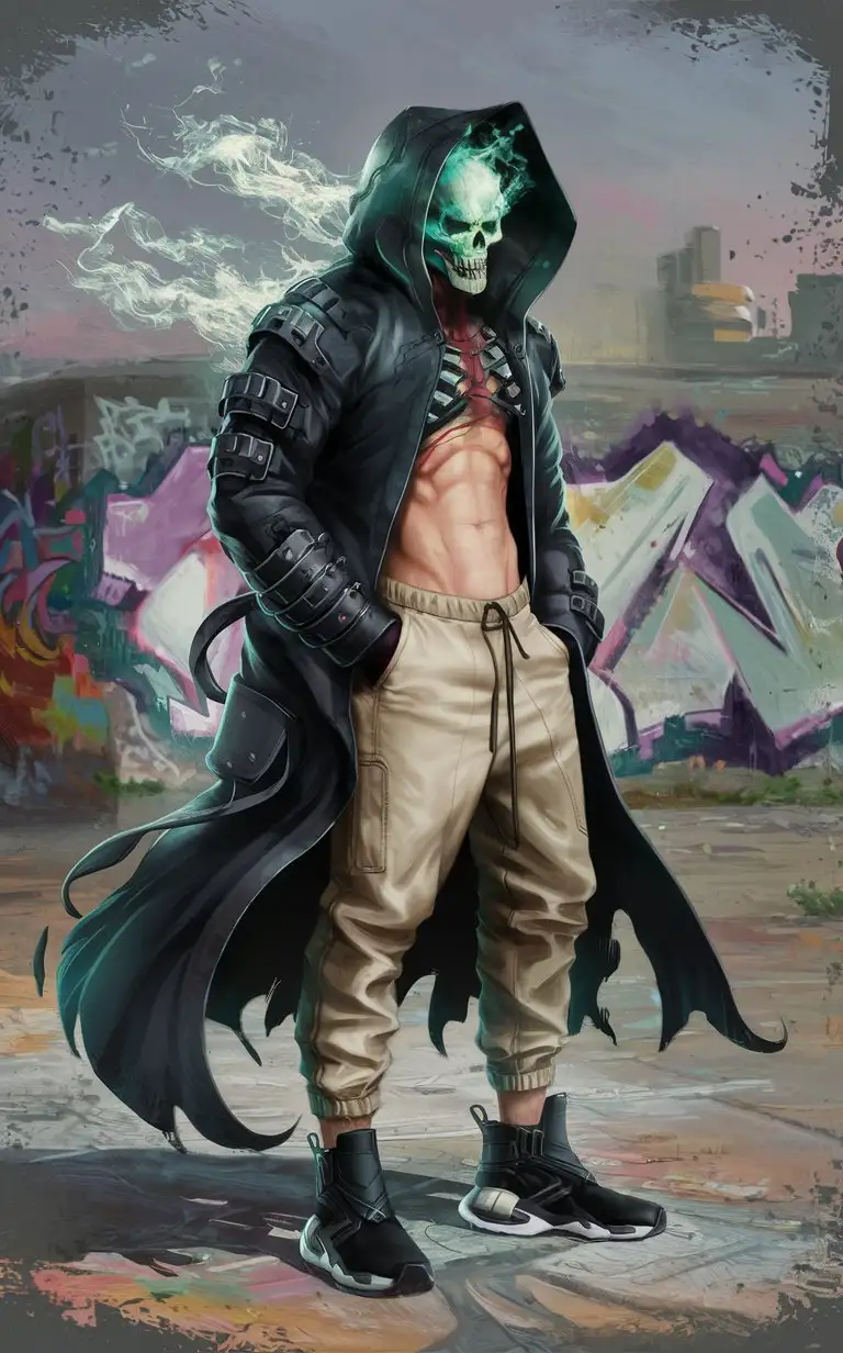 masculine supernatural cyberpunk character, exposed fluorescent green-blue flaming skull, exaggeratedly oversized black tactical hooded overcoat ankle-length, baggy beige khaki pants, black streetwear techwear sneakers ankle boots, intimidating stare at viewer, painterly graffiti western animation character concept splash poster