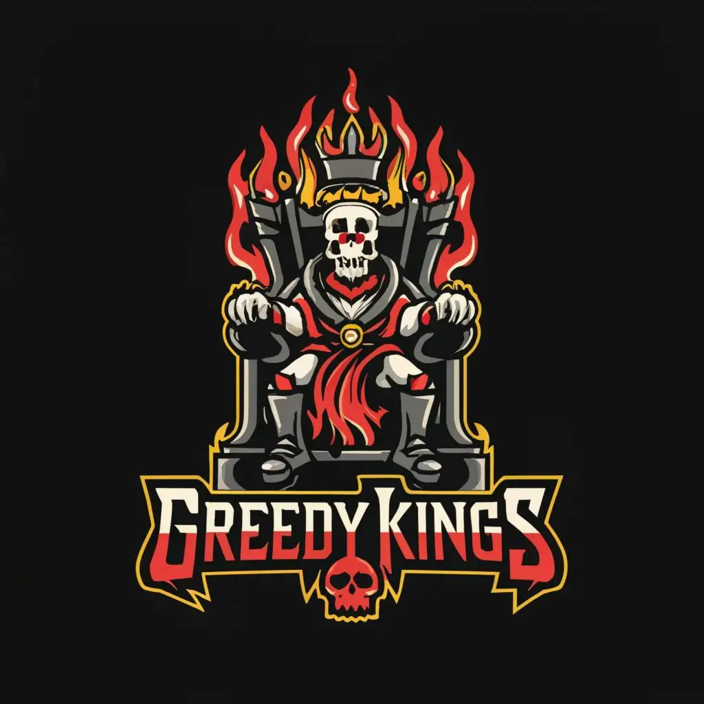 a logo design,with the text "Greedy Kings", main symbol:Demonic King with skull that has red flames with throne,complex,be used in Entertainment industry,clear background