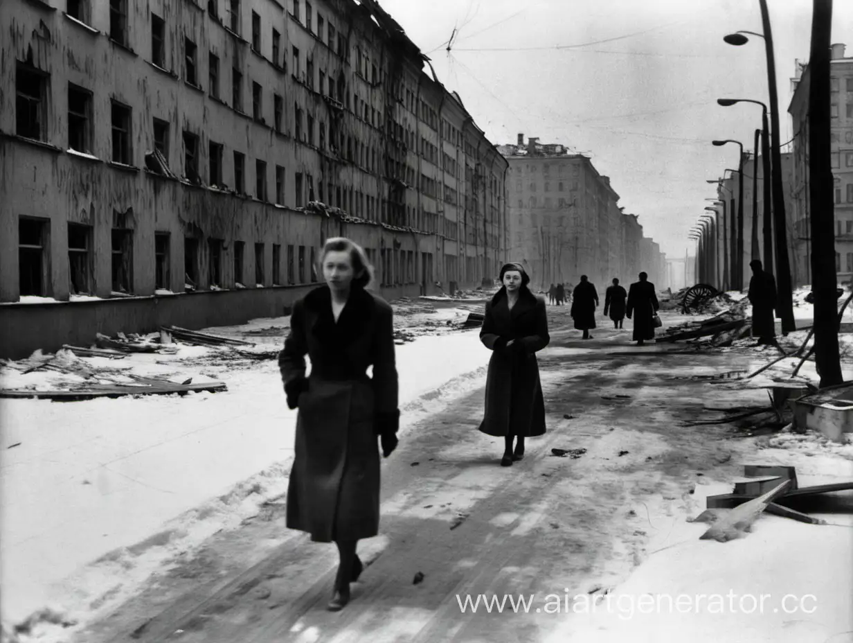 Зима. Улица Ленинграда. 1944 год. На заднем плане разрушенные здания. По улице идет грустная худая женщина. Лица не видно. Возле женщины идёт другая плачущая женщина 