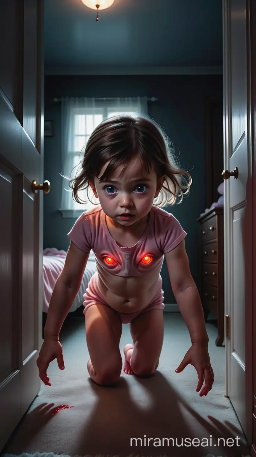A baby girl with glowing red eyes crawling out of her mother's womb, leaving her mother shocked and terrified in a dimly lit bedroom; dark atmosphere, foreboding background, ominous entry, 16k