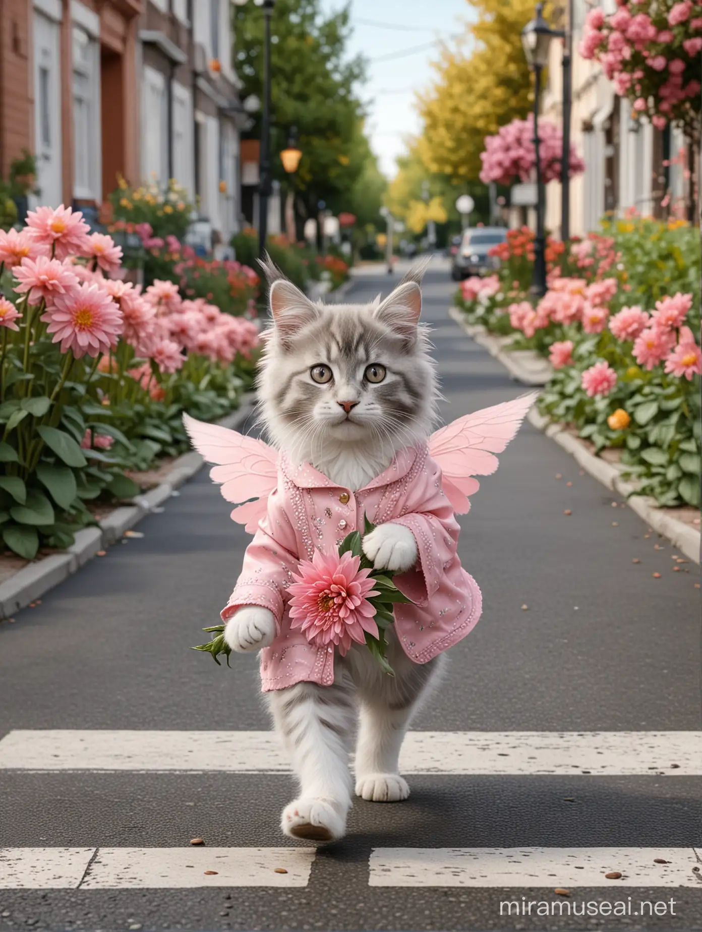视图中,拟人化的可爱的灰白色缅因小猫咪的形象，精灵翅膀，马路上，走在班马线上，穿着香奈儿杏色套装，脚上穿着圆头玛丽简鞋，斜挂香奈儿小包，手拿一束粉色大丽花，花店，城市较远背景，照片逼真，超细节，超细节，4k, 8k——ar 3:4——v 6.0

