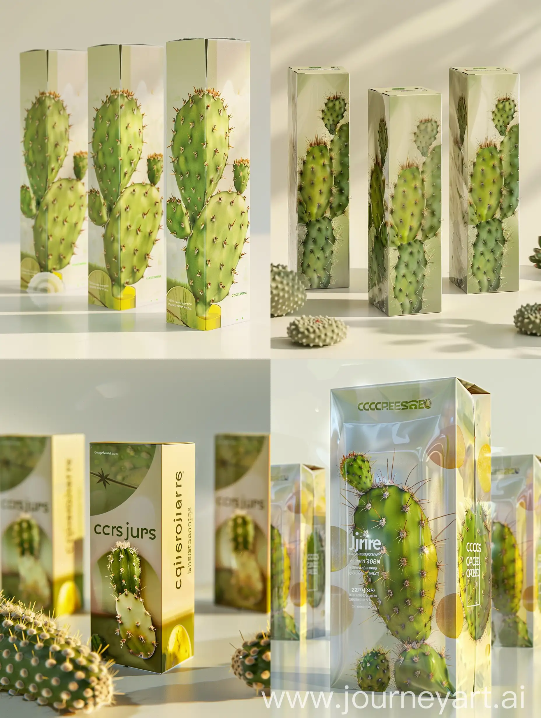 Design a modern rectangular cactus juice package and depict it as a three-dimensional 3d model dedicated to cactus juice, emphasize its rich nutritional value and strong prickliness, use a light, simple, uncomplicated background, emphasizing the beauty of cactus juice packaging. The packaging should be in glossy rectangular boxes of the Tetrapak system, designed to ensure image clarity and reliable storage of cactus juice, for ease of use, the design should be simple and functional, taken in natural light, emphasize its professional and attractive appearance, as well as emphasize the freshness and health benefits of cactus juice juice. In the design, use a light green and yellow palette using neutral and white colors. Present the packaging from several sides. The image must be highly accurate and highly detailed, displaying all the small details, with high accuracy and clear focus.