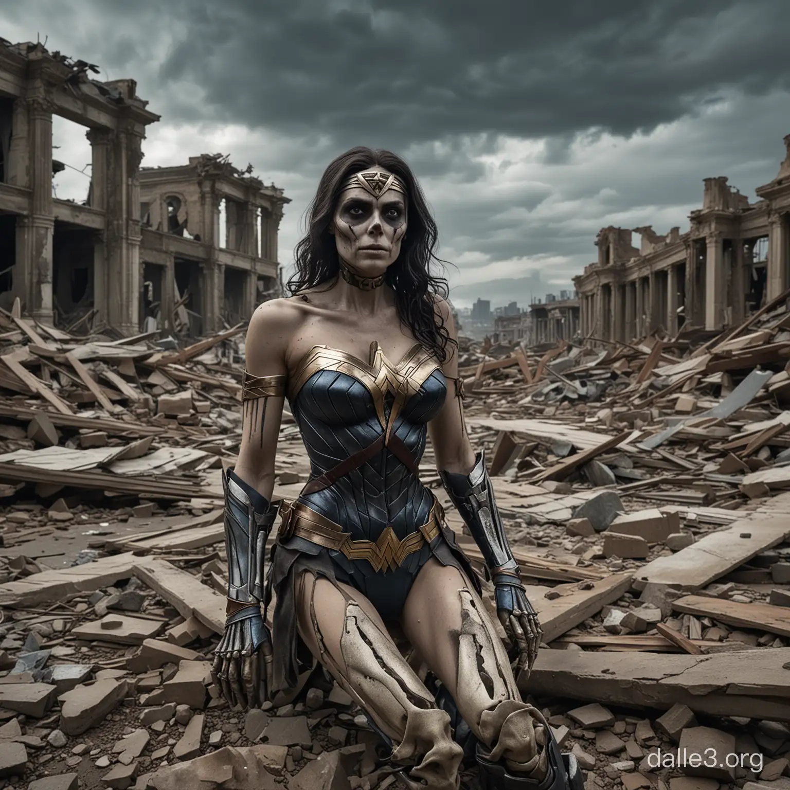 An ultra-realistic, HDR photograph of a decaying skeleton in a tattered Wonder Woman costume, lying amidst the rubble of a destroyed building. The costume is faded and torn, revealing the bones beneath. The skeleton's eyes are hollow, and the overall atmosphere is one of despair and decay. The background reveals a gloomy, stormy sky, with the remnants of a once-vibrant city. The ultra-high-quality image showcases intricate details, natural textures, and hyper-realistic elements, creating a haunting, unforgettable scene.