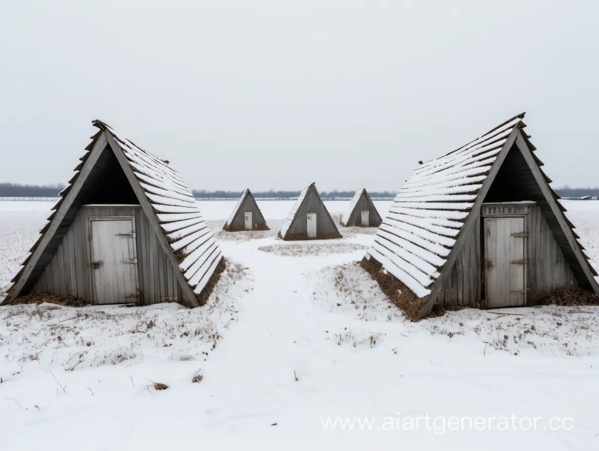 Много заброшенных деревянных землянок погребов с треугольными крышами стоят хаотично в поле зимой в снегу
