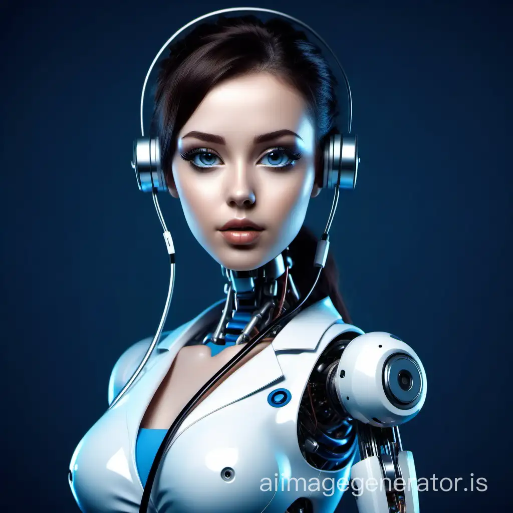 Robot girl, with stethoscope on the neck, online assistant, personifying artificial intelligence in the form of a logo. with feminine features, sexy, 18-20 years old and as futuristic as possible. the face should be looking straight at me. Brunette. human eyes and long eyelashes. Plump lips. Theme colour dark blue