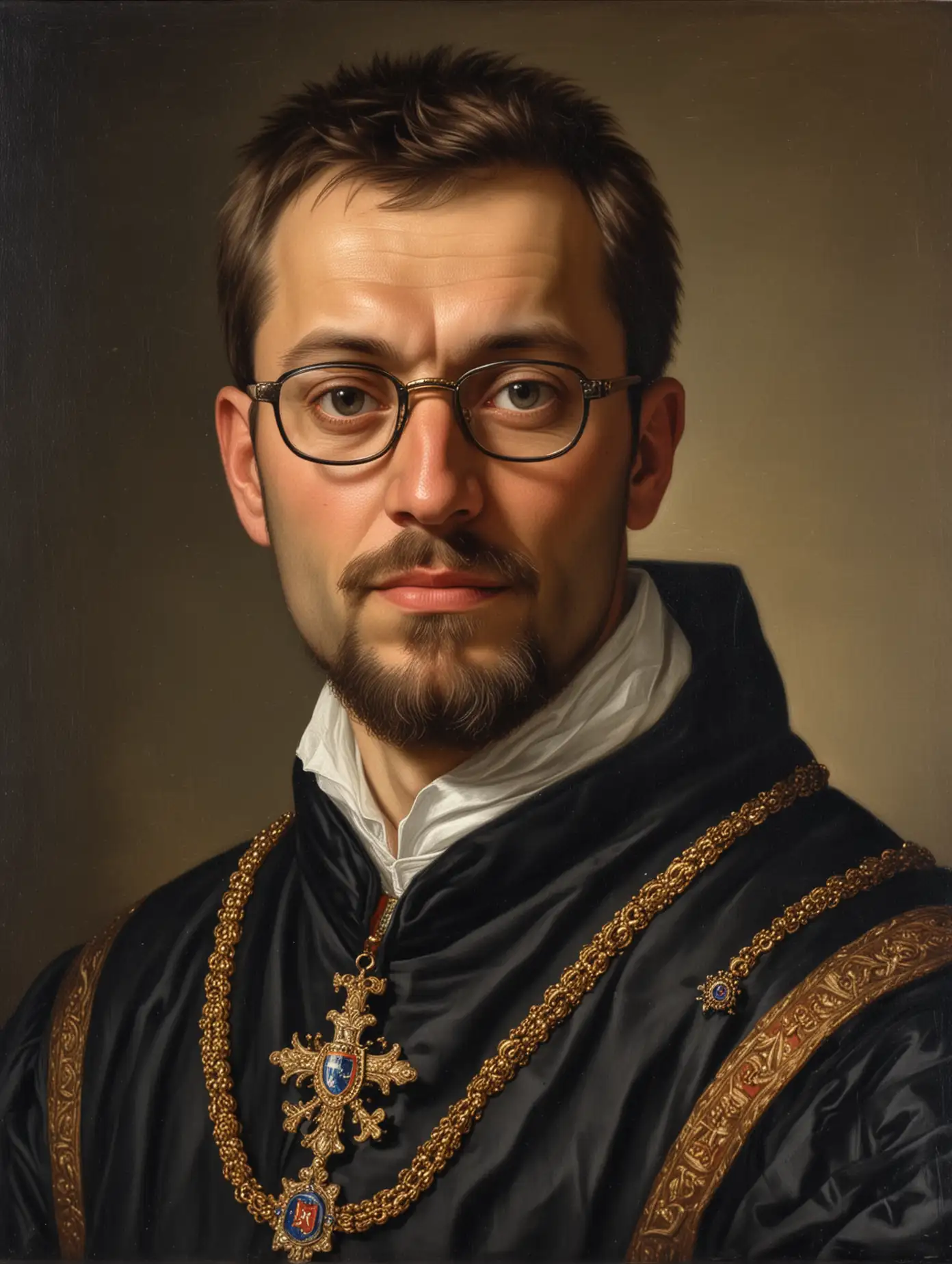16th century oil painting, portrait of slovak minister Ivan Korčok with glasses dressed as a nobleman