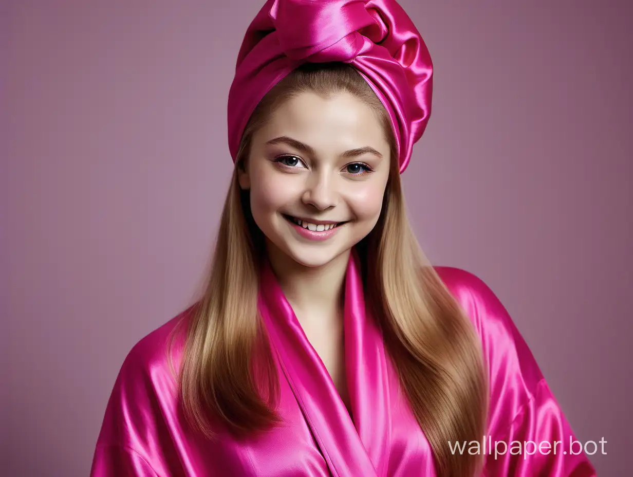 Yulia Lipnitskaya smiles with long, straight, silky hair in a luxurious, delicate, silk robe of fuchsia color with a pink silk towel turban on her head