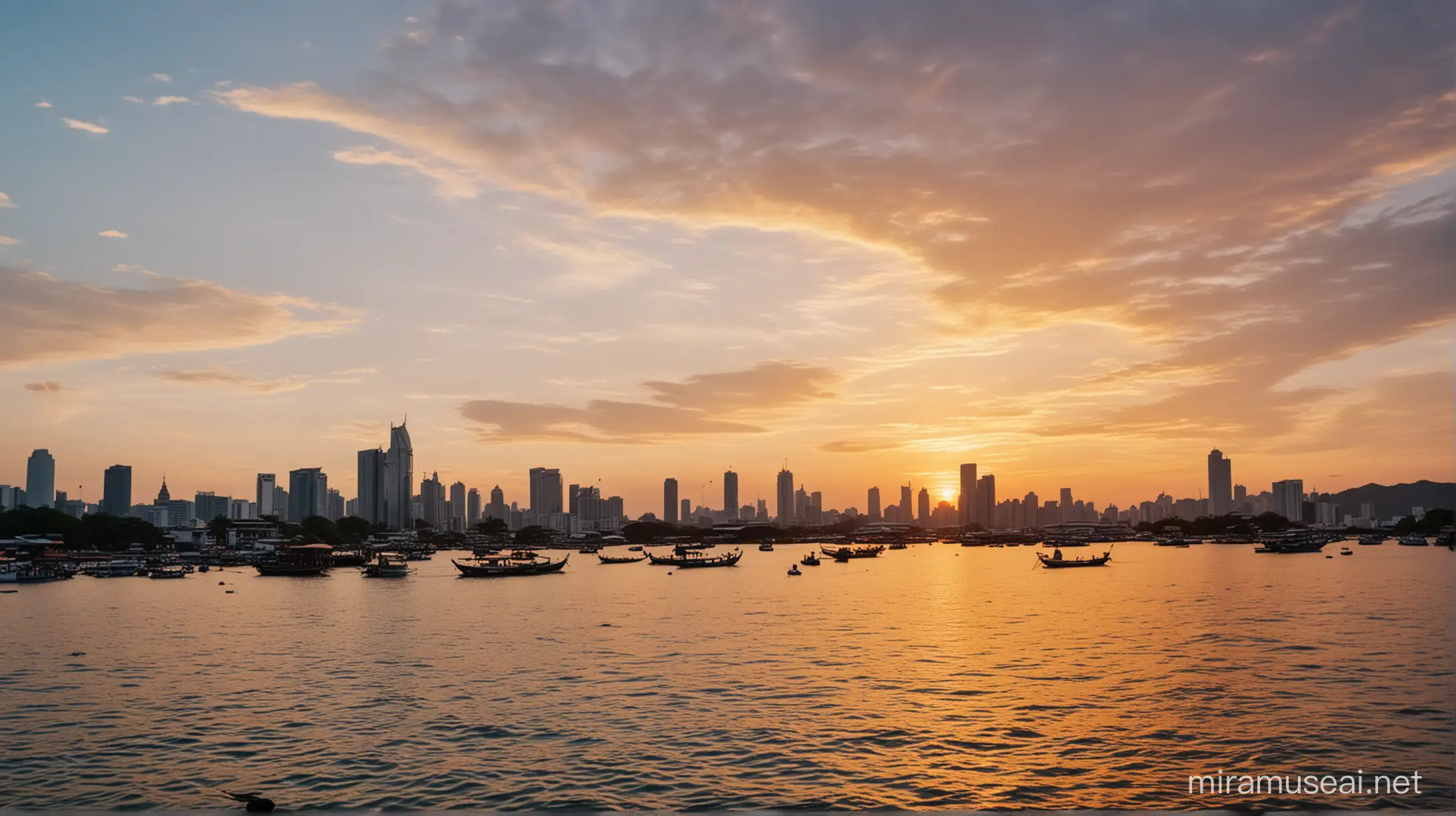 Sunset Urbanscape in Bangkok with Reflective Water and Skyscrapers