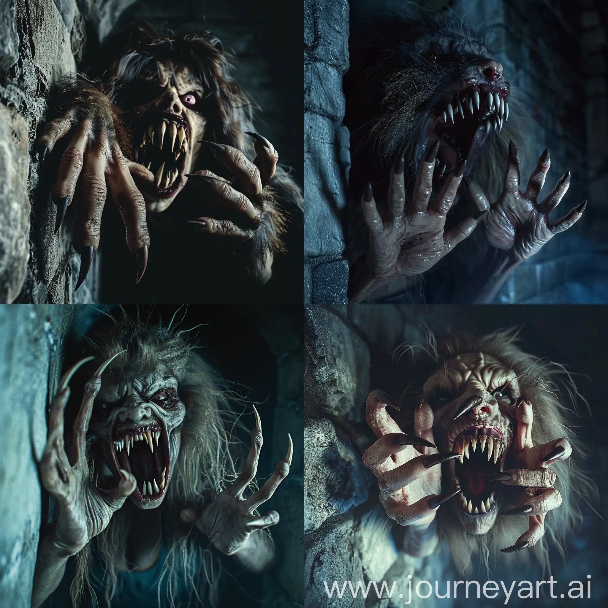 A horrifying nightmare scene of aggressive shaggy vampire woman with extra long curved pointed nails like  menacing claws on her five-fingered hands, her mouth is open with pointed sharped teeth, resembling fangs, she bite victim, scene inside darkness crypt, hyper-realism, cinematic, high detail, photo detailing, high quality, photorealistic, terrifying, aggressive, sharp teeth-fangs, dark atmosphere, realistic detailed, detailed nails, atmospheric lighting.