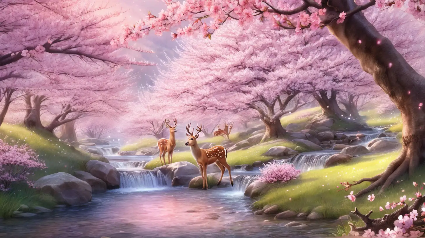 Enchanting Cherry Blossom Scene with a Graceful Deer by a Stream