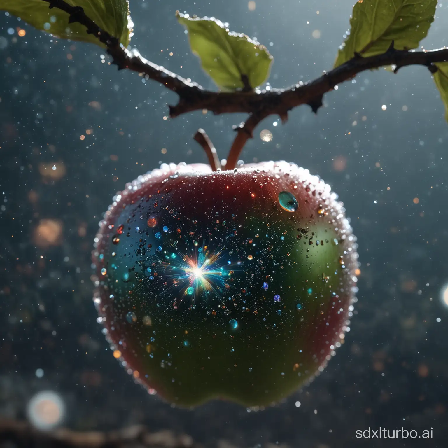 a delicate apple made of opal hung on branch in the early morning light, adorned with glistening dewdrops. in the background beautiful valleys, divine iridescent glowing, opalescent textures, volumetric light, ethereal, sparkling, light inside body, bioluminescence, studio photo, highly detailed, sharp focus, photorealism, photorealism, 8k, best quality, ultra detail:1. 2, hyper detail, hdr, hyper detail, ((universe of stars inside the apple) )