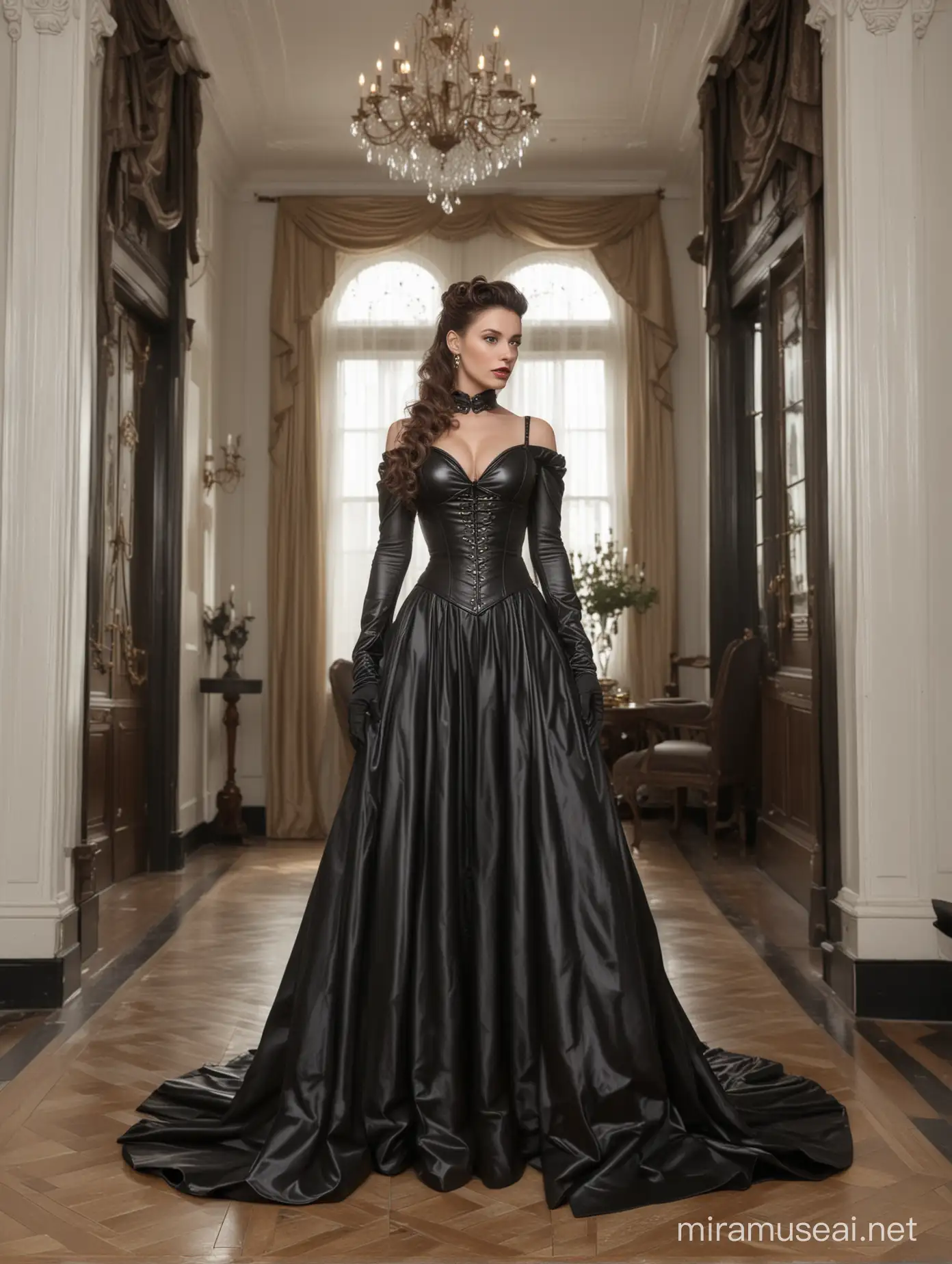portrait glamour head to toe, dominatrix elegance look leather satin victorian ballgown floorlength, enormous breast cleavage governess high heels on a mansion short legs, golden detailed in the clothes,  long black wavy ponytail cascades over her outfit,