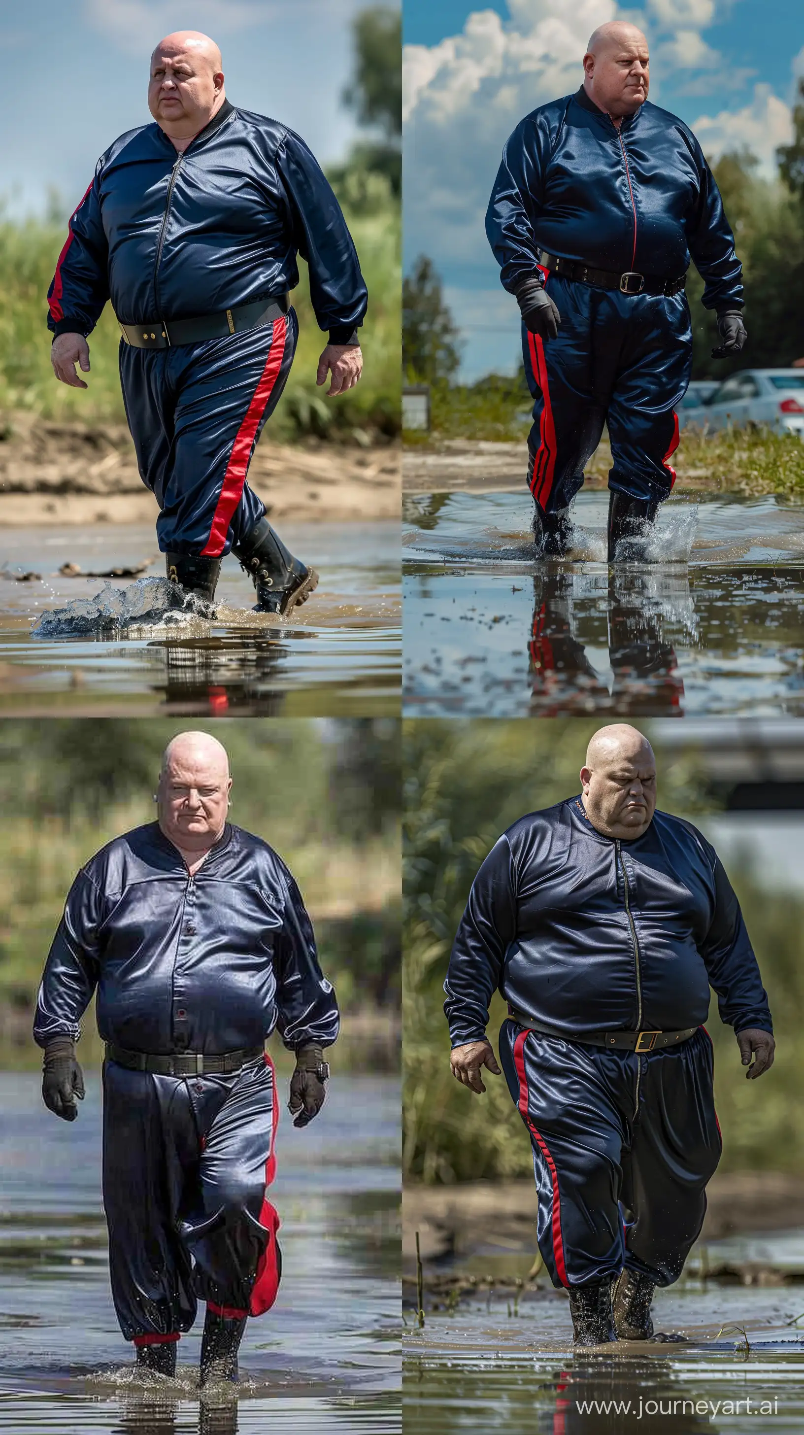 Front view close-up photo of a fat man aged 70 wearing a silk navy royal tracksuit with red stripe on the leg. Black tactical belt and boots. Walking in water. Outside. Summer. Bald. Clean Shaven. --style raw --ar 9:16