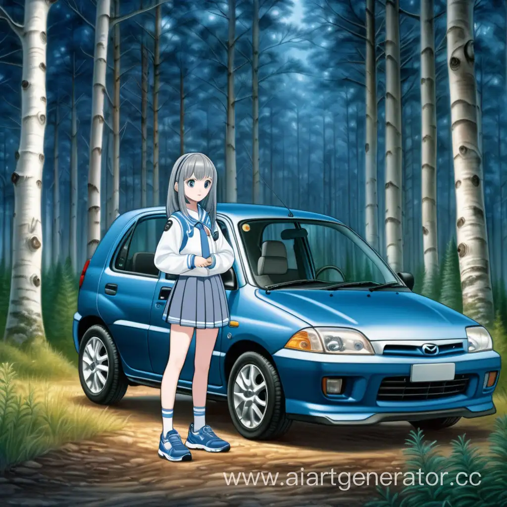 Anime-Girl-in-GrayBlue-Uniform-with-Mazda-Demio-1st-Generation-Car-in-Coniferous-Forest-at-Dusk