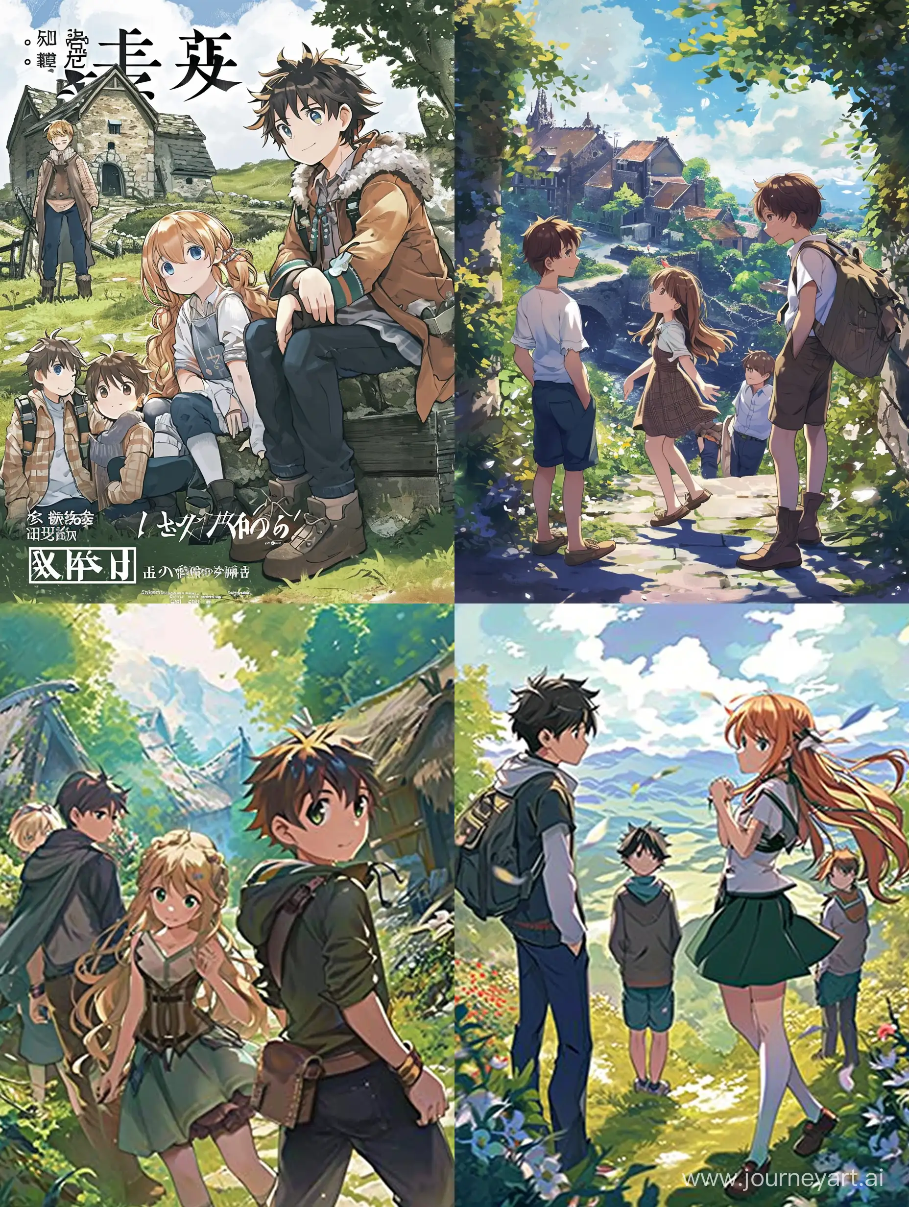 A cover for a light novel, fantasy world, boy and girl, two boys near, anime style.