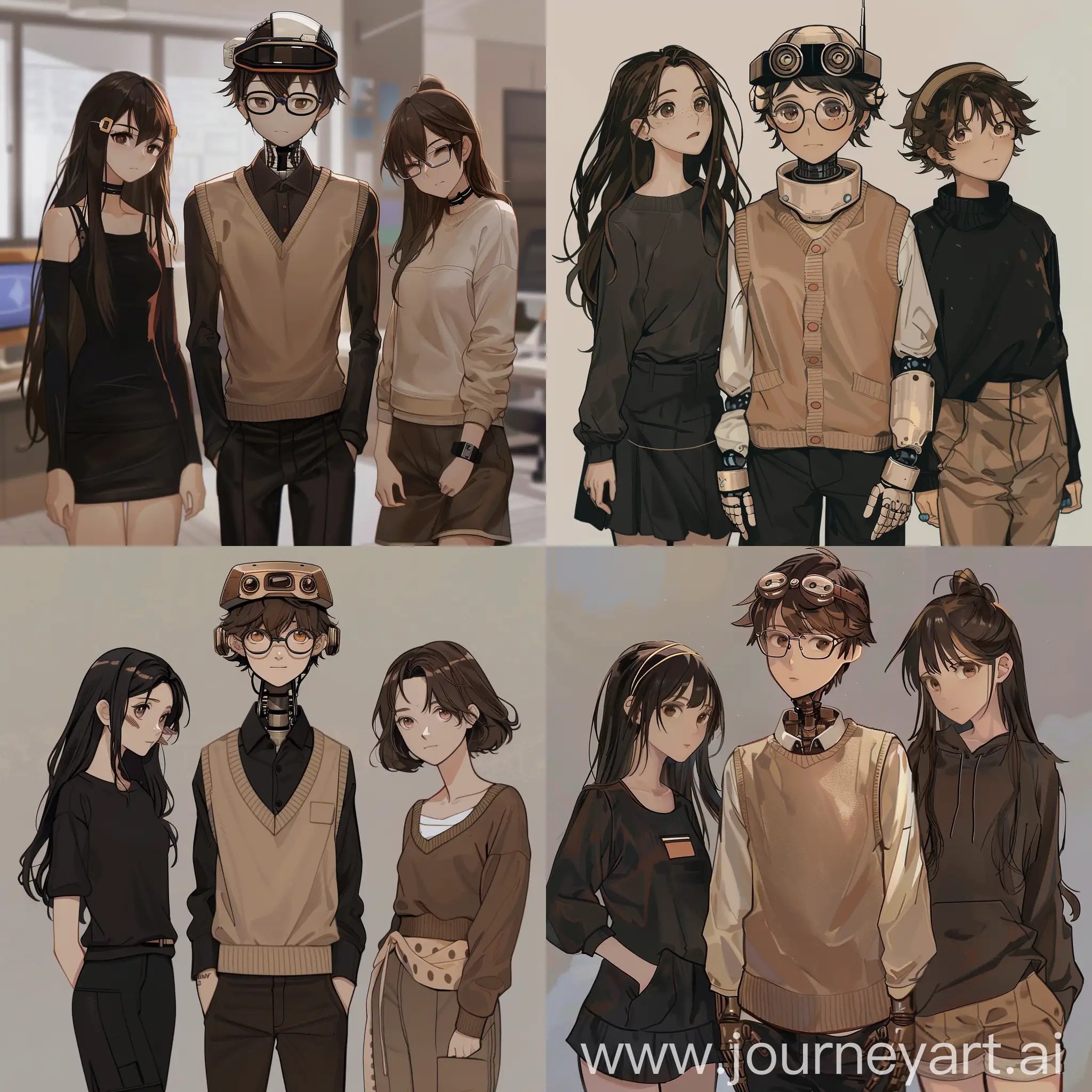 three teenagers, one bot in the middle with brown hair and glasses on his head with brown beige sweater vest, one girl with long dark hair and black outfit, and another girl with short brown hair with comfy clothes