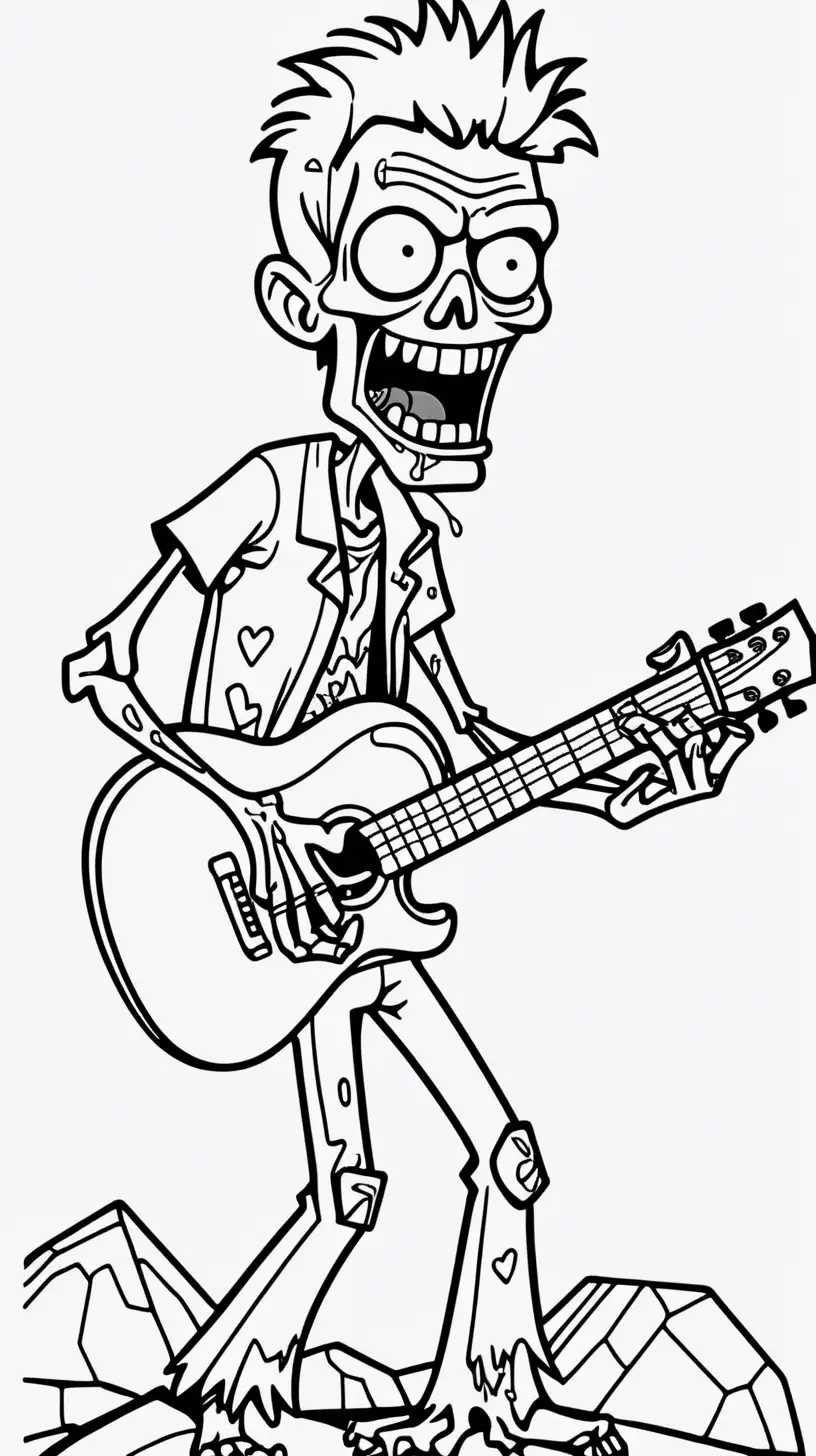 Happy Zombie Rockstar Playing Guitar in Coloring Book Style
