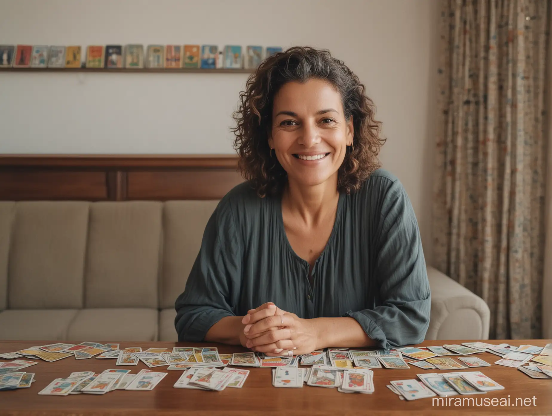 Smiling Brazilian Woman with Tarot Cards in Modest Living Room