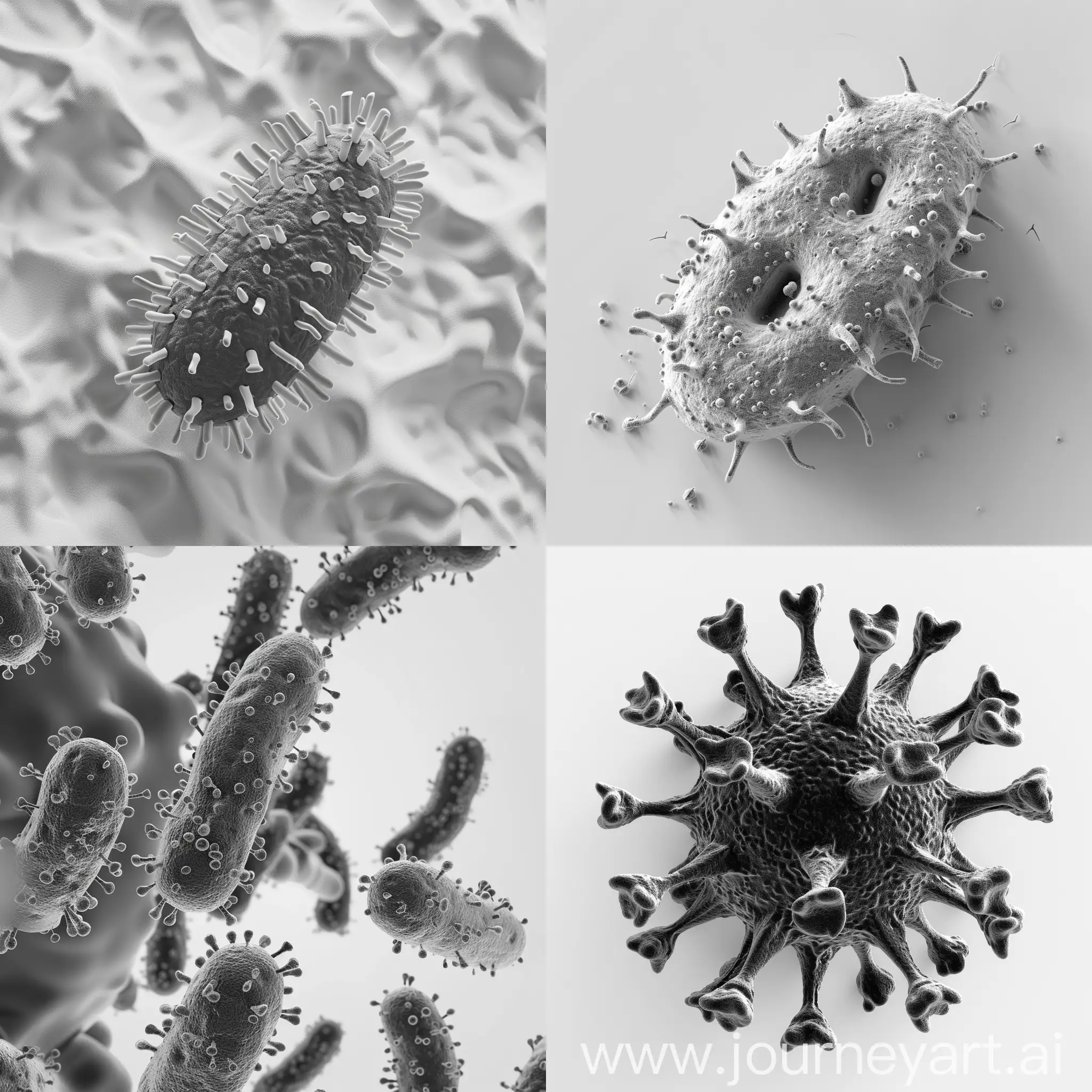 one microbe 3d, black and white photo, white uniform background, isolated
