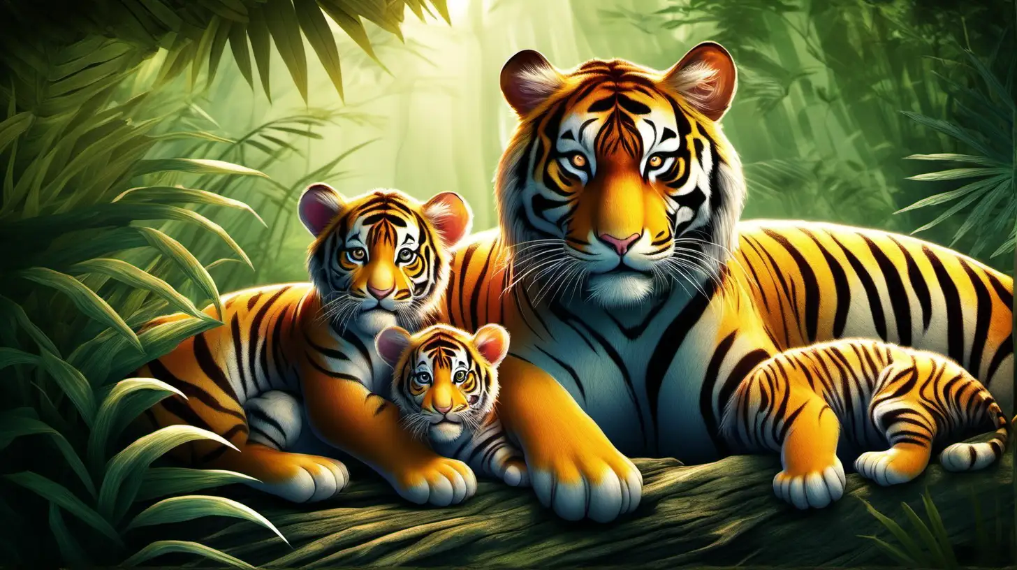 Create an image of a mother tiger and her cubs nestled together in a hidden jungle den, showcasing the tender moments of family life in the wild