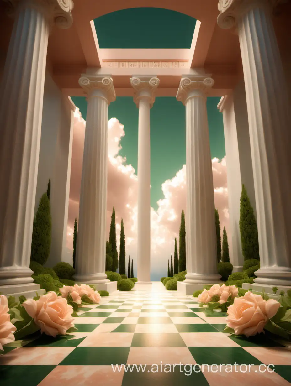 Soft peach clouds, rays of light, Greek columns, chessboard floor, green flowers, royal gates