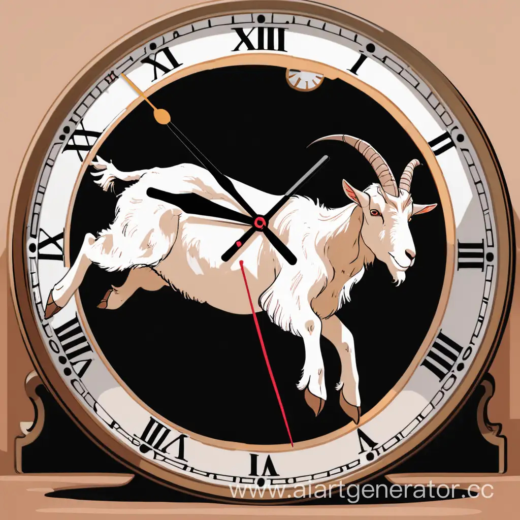 Playful-Goat-Leaping-in-Front-of-a-Vintage-Clock