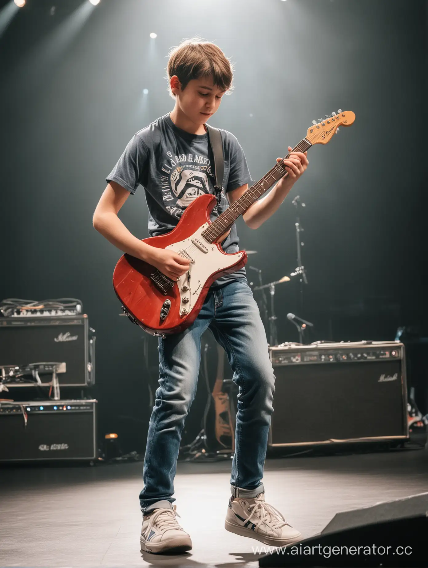 Young-Boy-Performing-Guitar-Solo-On-Stage-in-Casual-Attire