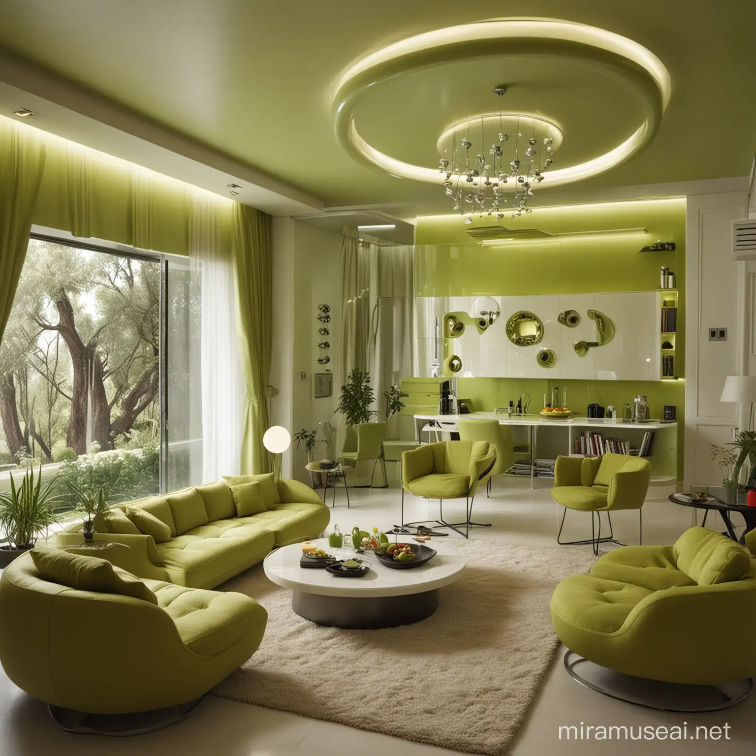 Living room designed for the year 2090,green olives and entree