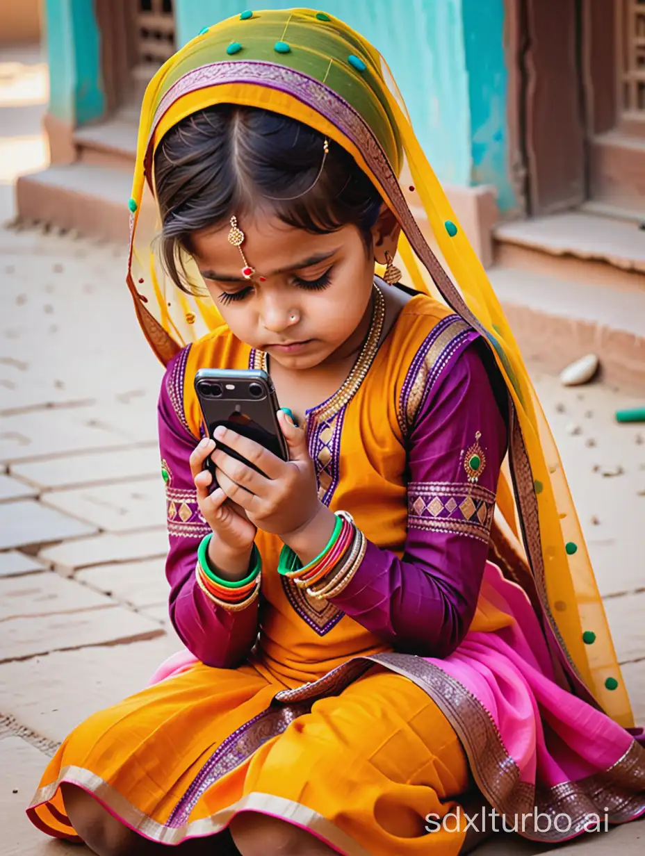 Depressed-Child-in-Traditional-Rajasthani-Dress-with-Mobile-and-Instagram