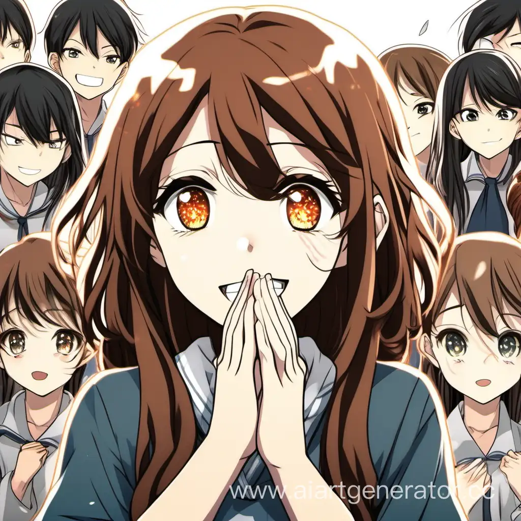 девушка с коричневыми волнистыми волосами и карими глазами смотрит с искрами в глазах и улыбается прикрывая рот руками и стоит на фоне студентов в стиле японской манги