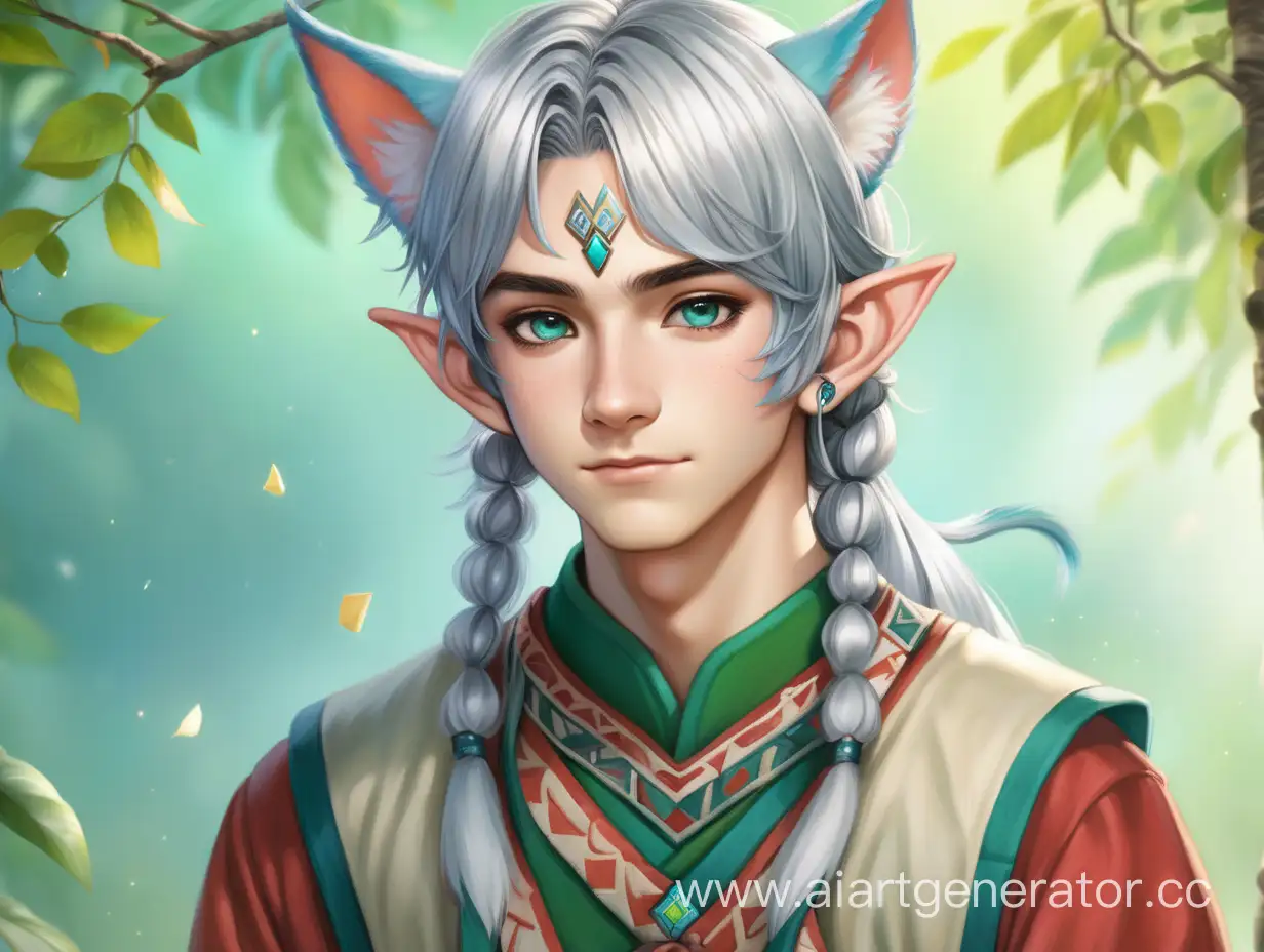 Stunning-Teenage-Elf-Boy-with-Silver-Ponytail-and-Cat-Features-in-Native-Attire
