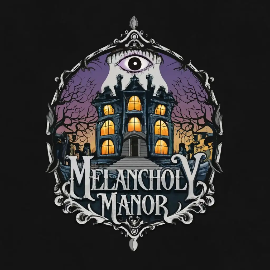 LOGO-Design-for-Melancholy-Manor-Haunted-House-and-Graveyard-Symbol-with-Complex-Details-on-a-Clear-Background