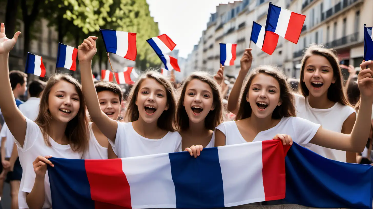 Joyful Students Waving French Flags at Bastille Day Celebrations
