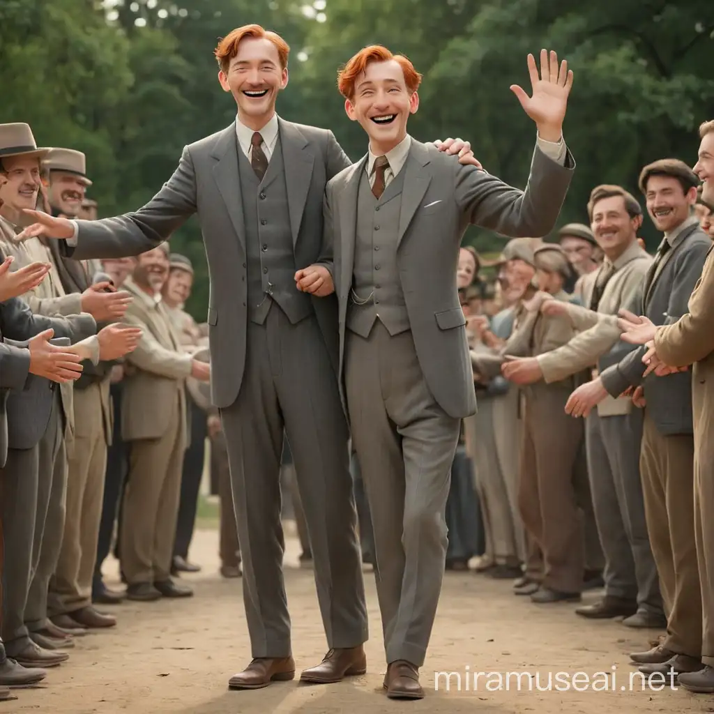 A thin man in a simple mid-19th century men's suit stands in the center of people holding hands. The man has short grayish-red hair, he is thin and looks like an old man. He is waving his arms and smiling. we see him and the people in the circle in full height, with arms and legs. In the style of realism, 3D animation.