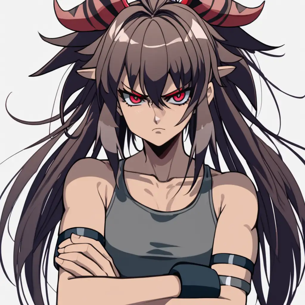 anime woman, tall, buff, half demon, half angel, bored expression, angry, arms crossed, wild hair, judgement