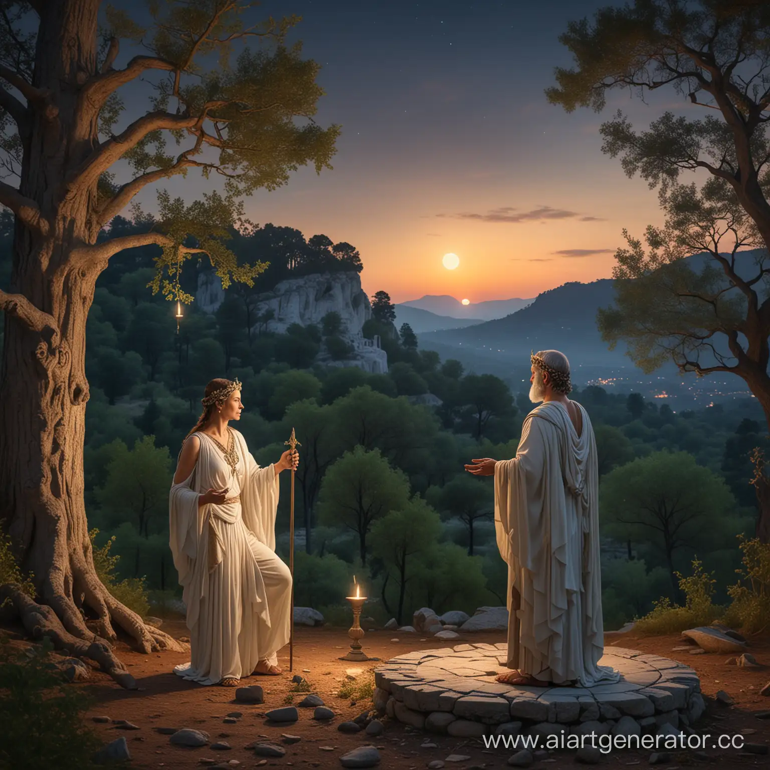 Old Roman king Numa Pompilius worshipping the goddess in the sacred grove of Diana in Aricia, evening, forest, young moon, hills, obscure temple in the background