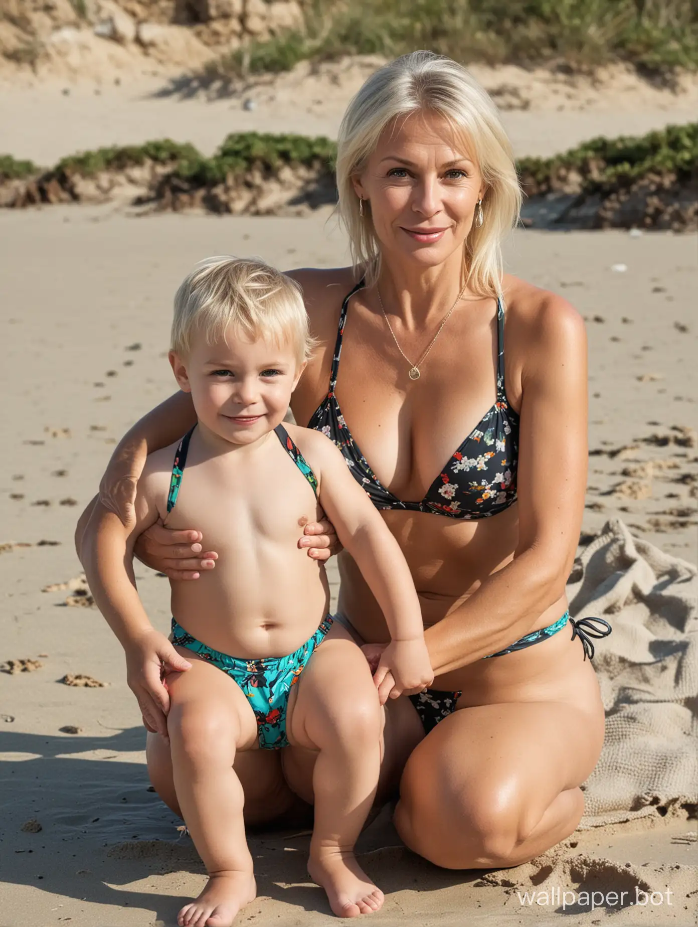 Russian woman, a blonde, 55 years old, sits with her little son on the beach in a thong bikini.