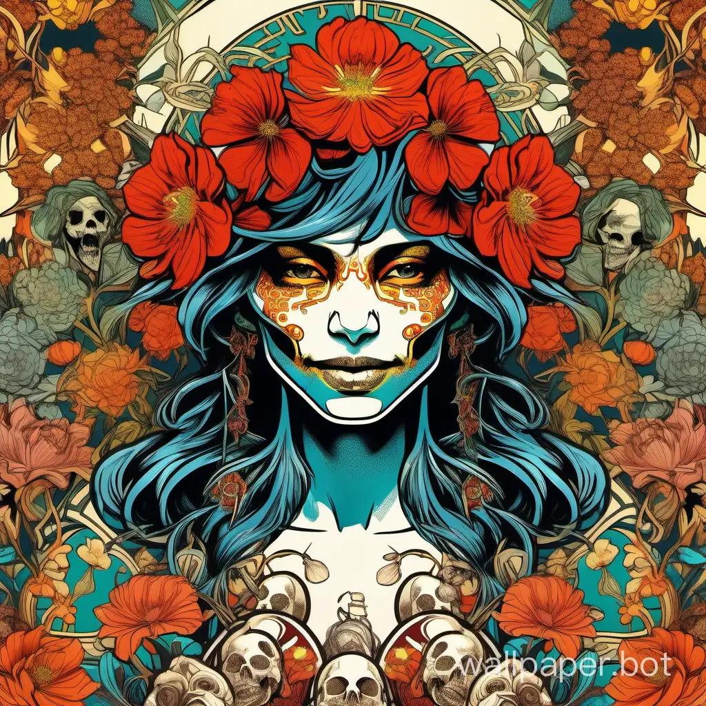Chinese skull woman, sexy smile,  lot of explosive Chinese flowers, wild flowers around, pop art poster, Alphonse Mucha ornamental poster, high contrast colors, macro line art, deep 3D effect, sticker art, stylized very fragmented border