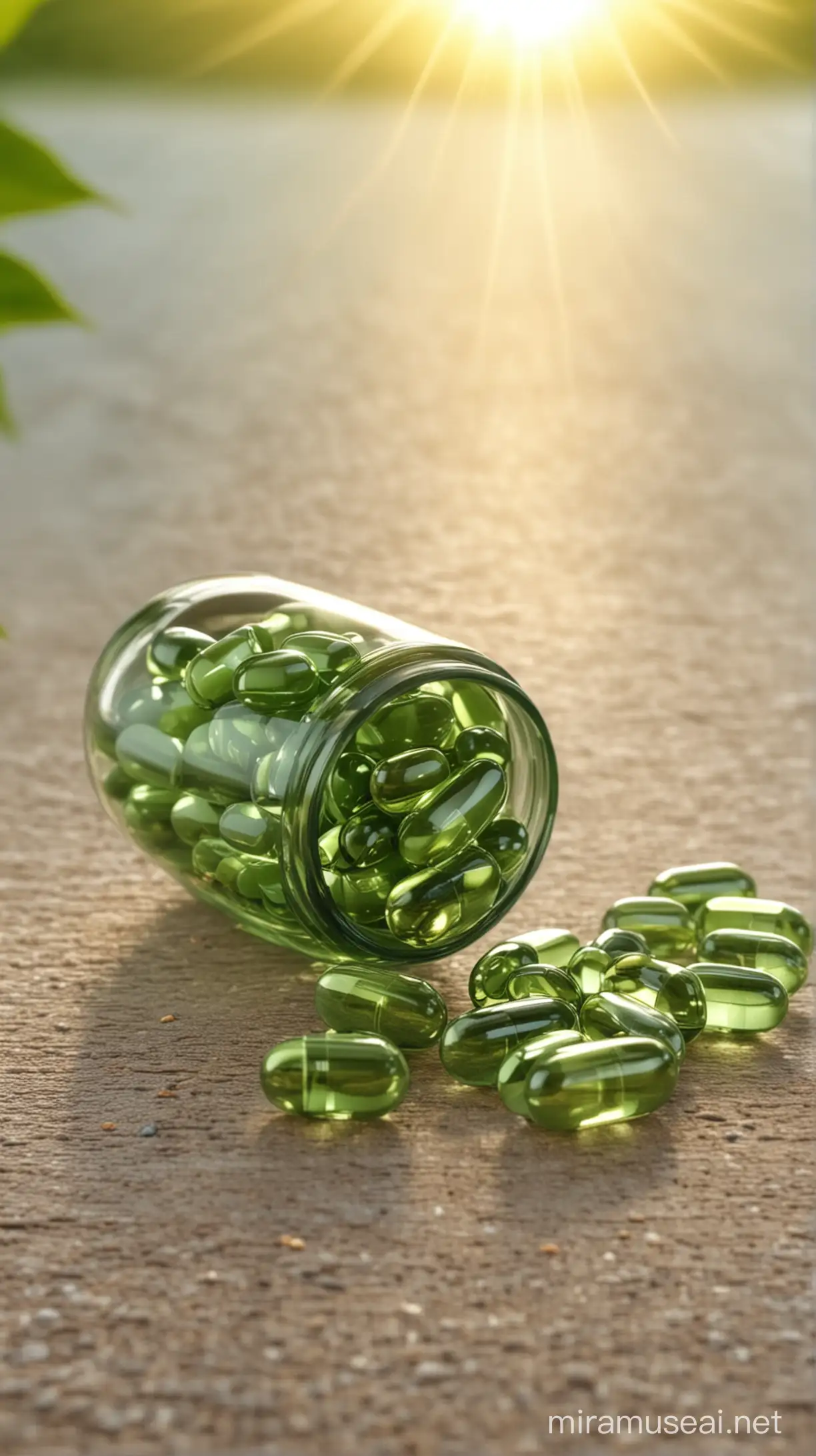 green vitamin e capsule on table , natural background, sun light effect, 4k, HDR, morning time weather

