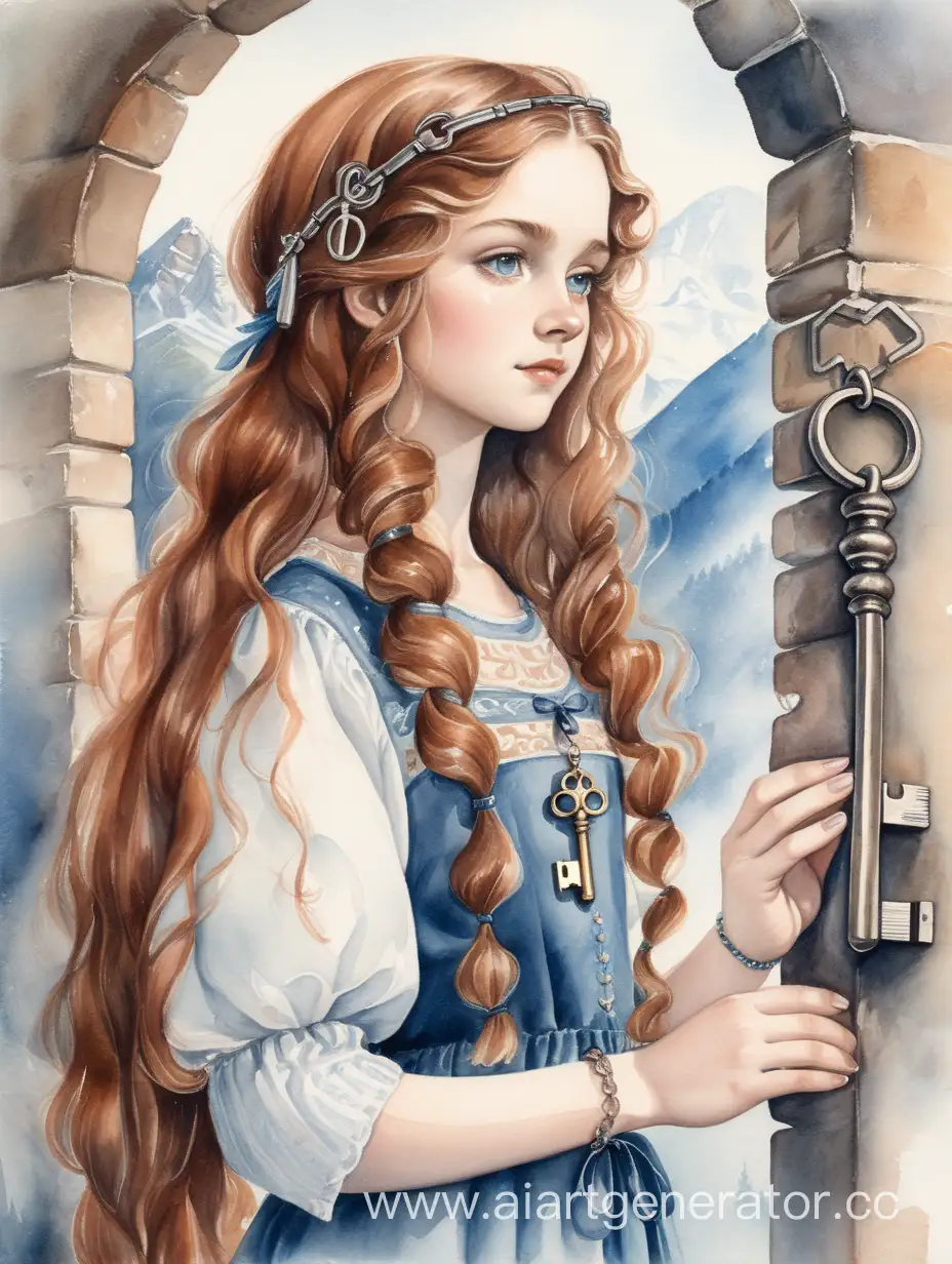 Enchanting-Watercolor-Portrait-Slavic-Girl-with-Chestnut-Curls-and-Antique-Keys